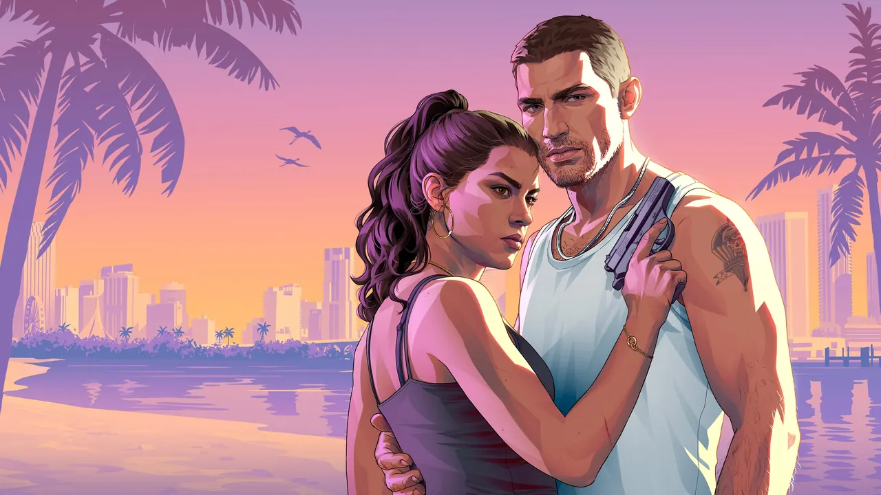 Official GTA VI artwork of Jason and Lucia, published by Rockstar Games and shown for editorial context.
