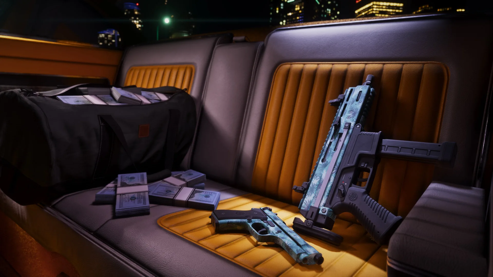 Official GTA VI media labeled Vintage Vice City Weapon Pattern.