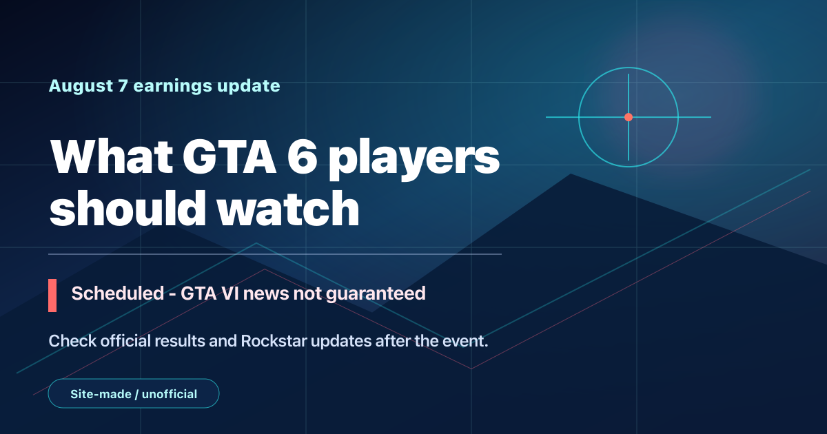 Site-made neon dusk graphic reading What GTA 6 players should watch for the August 7 earnings update, with a scheduled but not guaranteed GTA VI news status.