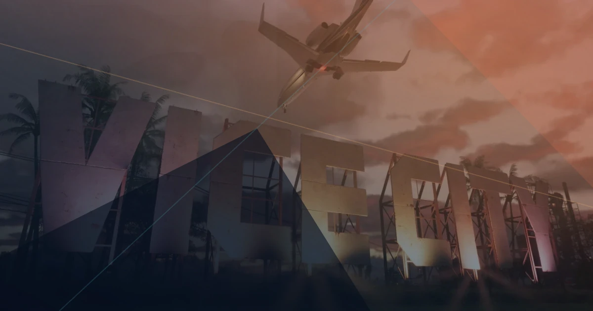 Stylized montage of official GTA VI screenshots showing Vice City, Jason, and Lucia.