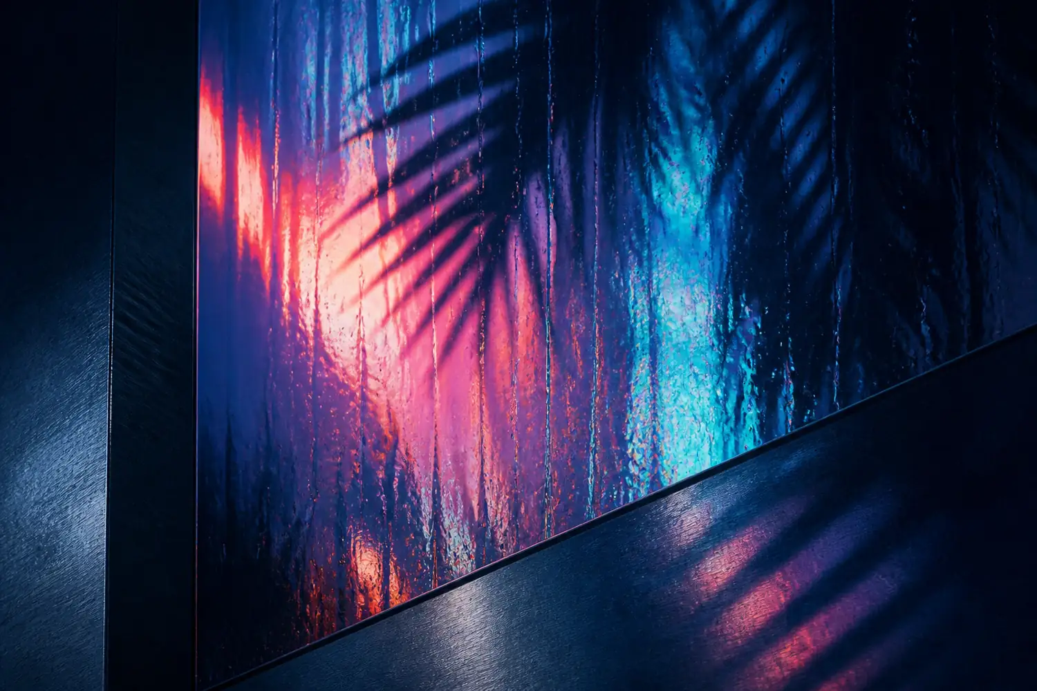 Site-made abstract rain-glass editorial visual for an unverified GTA VI circulation report; not gameplay or official media.