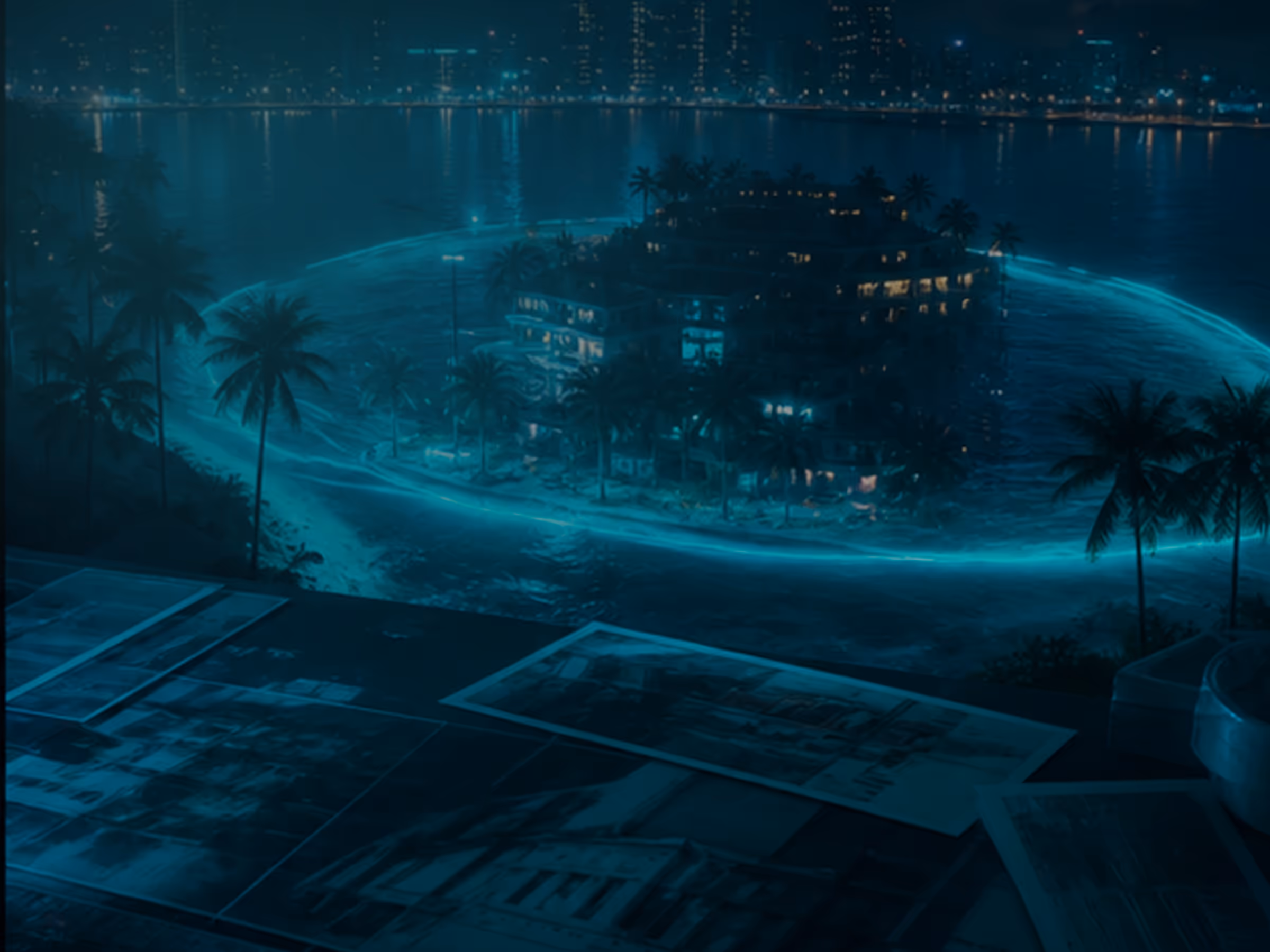 Generated GTA Leonida Kit editorial Player Safety background with coastal Leonida-night atmosphere and no official gameplay.