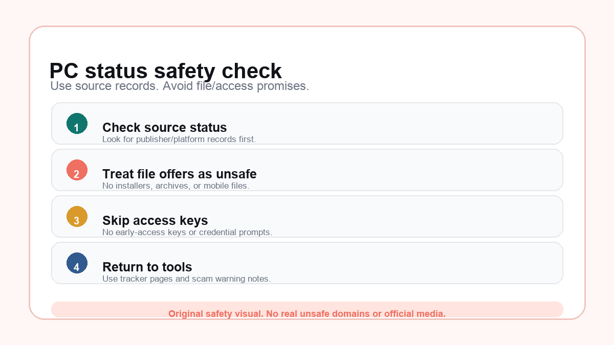 Original PC safety checklist visual showing source-first checks and safe no-file/no-key guidance.